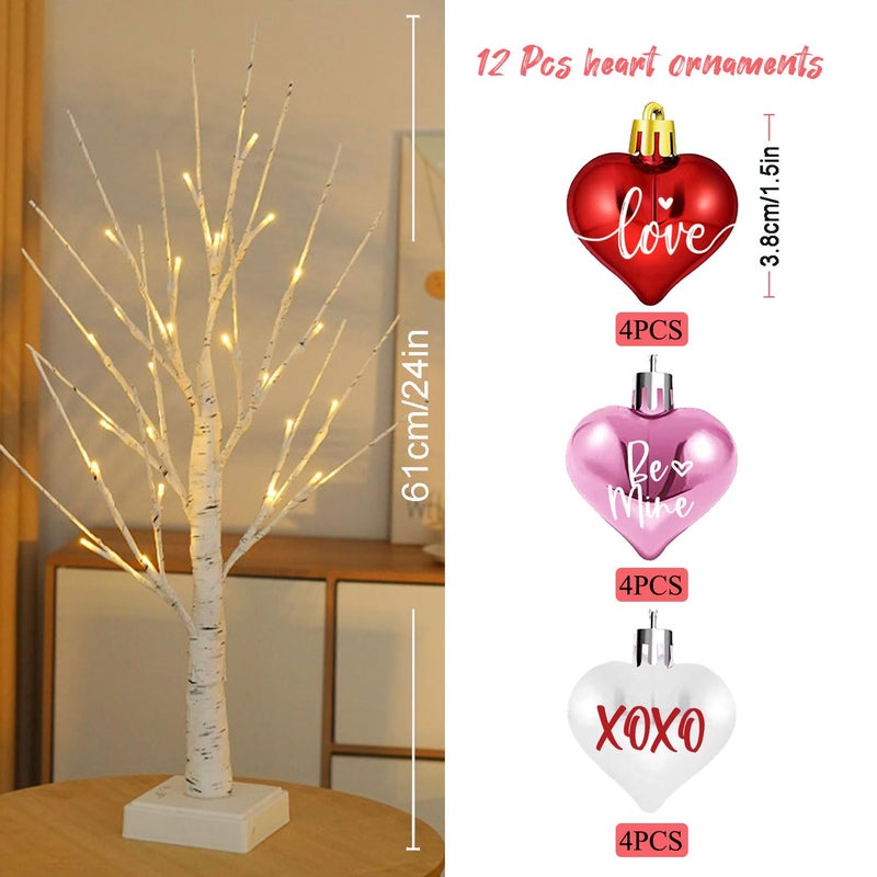 YIRHYZC Valentine's Lighted Birch Tree Centerpiece - 24 Inch with 12 Heart Ornaments for Office, Home, Mantel & Desk Decor - Image 5