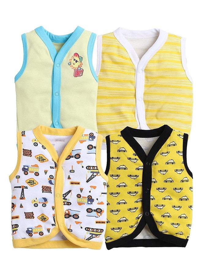 TiniBerry Baby Boy's & Baby Girl's T-Shirt Baby Baby Cotton Front Open Sleeveless Vest Tees Jhabala (Pack of 4) (9-12 Months, Yellow) - Image 1