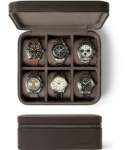 TAWBURY Watch Case - 6 Slot Genuine Top-Grain Leather Watch Box for Men & Women with Extra Wide Pillows for Large Watches - Portable Wristwatch Storage for Home & Travel (Brown) - Image 1