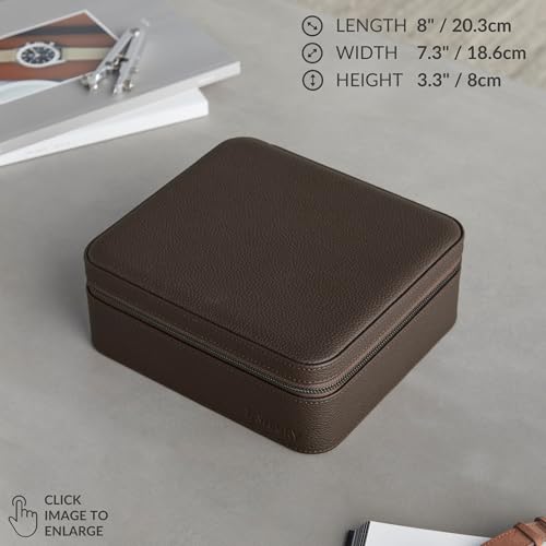 TAWBURY Watch Case - 6 Slot Genuine Top-Grain Leather Watch Box for Men & Women with Extra Wide Pillows for Large Watches - Portable Wristwatch Storage for Home & Travel (Brown) - Image 3