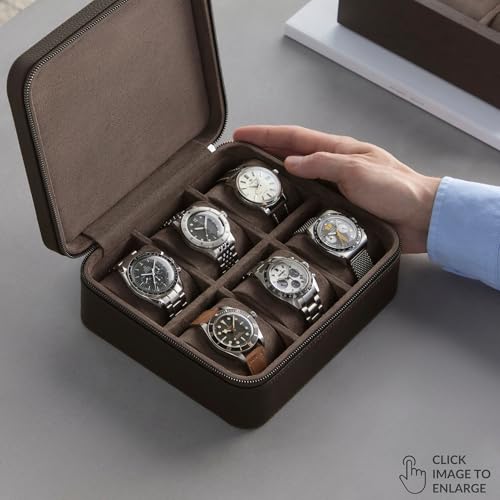 TAWBURY Watch Case - 6 Slot Genuine Top-Grain Leather Watch Box for Men & Women with Extra Wide Pillows for Large Watches - Portable Wristwatch Storage for Home & Travel (Brown) - Image 2