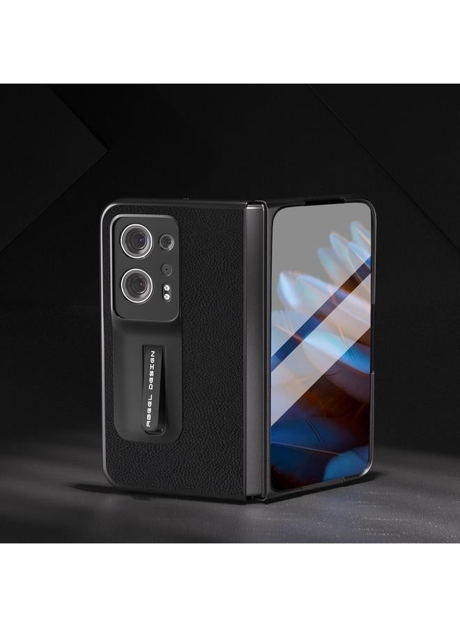 اس-توب جراب لهاتف OPPO Find N2 مصنوع من الجلد الطبيعي المدمج مع جراب من نسيج الليتشي PC مع حامل - Image 2