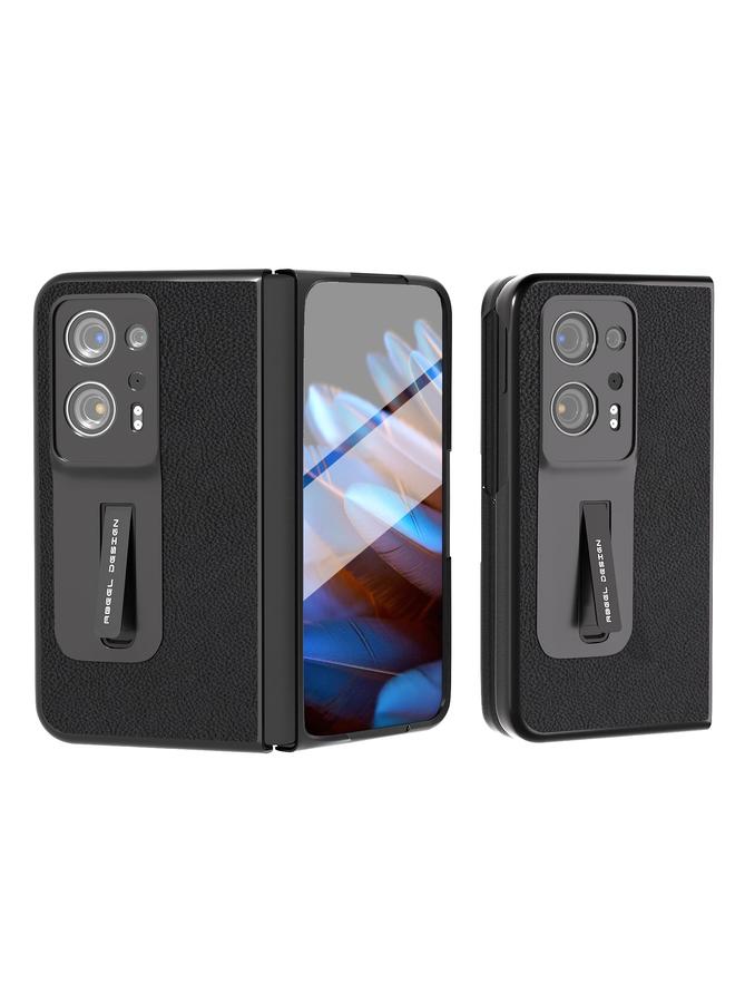 اس-توب جراب لهاتف OPPO Find N2 مصنوع من الجلد الطبيعي المدمج مع جراب من نسيج الليتشي PC مع حامل - Image 1