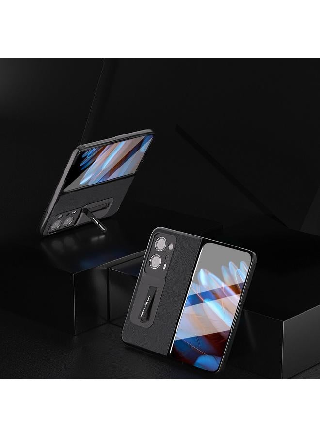 اس-توب جراب لهاتف OPPO Find N2 مصنوع من الجلد الطبيعي المدمج مع جراب من نسيج الليتشي PC مع حامل - Image 3