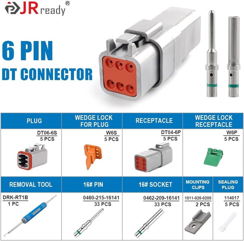 JRready Deutsch DT 6 Pin Connector Kits with Size 16 Solid Contacts(14-20AWG), ST6328-6 DT Series Waterproof Connector 6 Pin 5 Sets and Deutsch Pin Removal Tool DRK-RT1B with Mounting Clips - Image 2