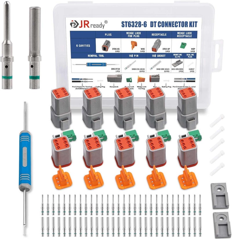 JRready Deutsch DT 6 Pin Connector Kits with Size 16 Solid Contacts(14-20AWG), ST6328-6 DT Series Waterproof Connector 6 Pin 5 Sets and Deutsch Pin Removal Tool DRK-RT1B with Mounting Clips - Image 1