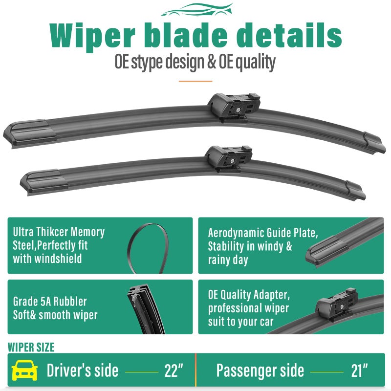 WINDSMILE 22" 21" Windshield Wiper Blades Replacement for Ford Maverick 2022 2023 2024 2025 Premium All Weather Front Wipers Set - OEM Quality (Pack of 2) - Image 3