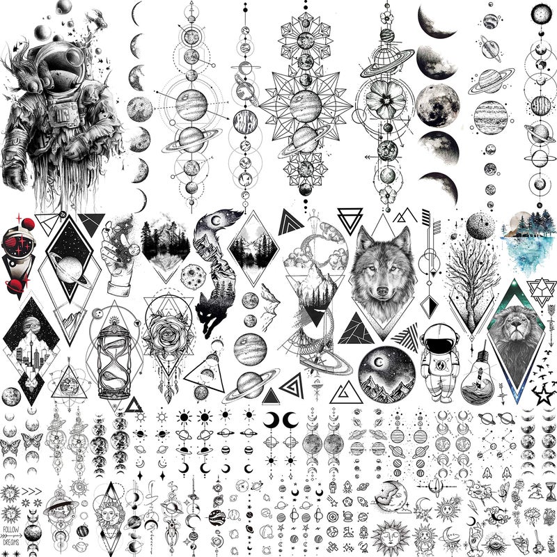 33 Sheets Outer Space Temporary Tattoos for Kids Boys Girl Women Men Adults Children Geometry Astronaut Universe Fake Tattoo Star Moon Solar Syetem