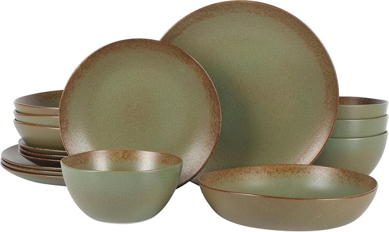 Bloomhouse Oprahs Favorite Things  Palermo Sun Double Bowl Stoneware Reactive Glaze Plates and Bowls Dinnerware Set  Cardamom Green Service for Four 16pcs - Image 1