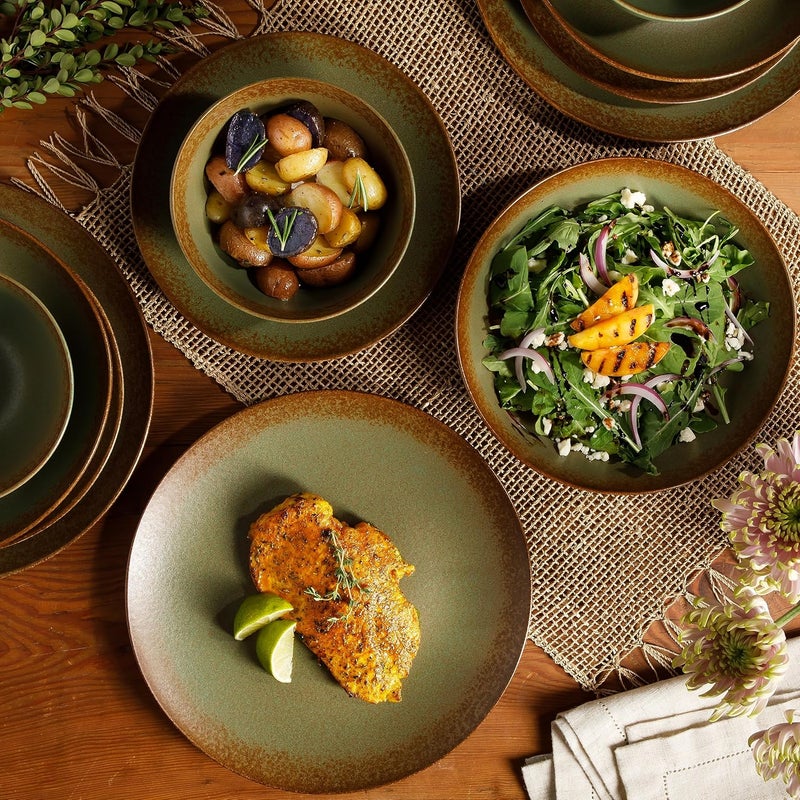 Bloomhouse Oprahs Favorite Things  Palermo Sun Double Bowl Stoneware Reactive Glaze Plates and Bowls Dinnerware Set  Cardamom Green Service for Four 16pcs - Image 4