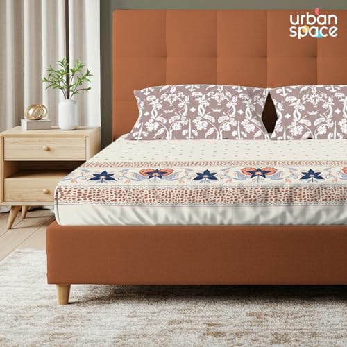 Urban Space Regal 300 TC 100% Cotton Bedsheet for Double Bed, Panel Design Bedsheet, Printed Queen Size Bed Sheet with 2 Pillow Covers (90 x 108 Inches, Aangan Brown) - Image 2