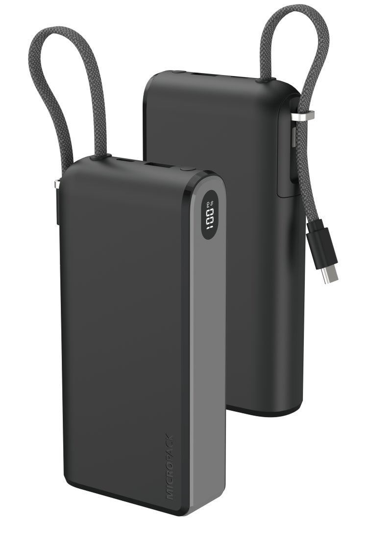 مايكروباك بنك طاقة Micropack PB-C20 سعة 20000 مللي أمبير - سلك USB-C مدمج، سعة عالية، أسود - Image 1