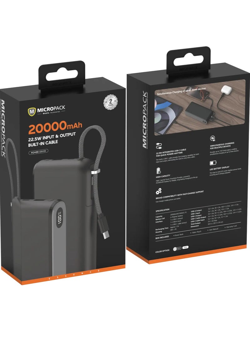 مايكروباك بنك طاقة Micropack PB-C20 سعة 20000 مللي أمبير - سلك USB-C مدمج، سعة عالية، أسود - Image 2