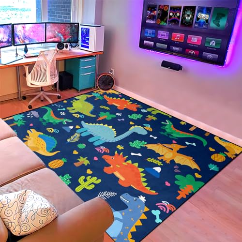 Kossmjx Cartoon Dinosaur Area Rugs Lovely Dinosaur Carpet Rugs for Boys Kids Blue Cute Animal Patterns Carpet Dinosaurs Rug for Boys Bedroom Living Dinning Room Bedroom Kitchen Playing Room, 2'×3' - Image 4