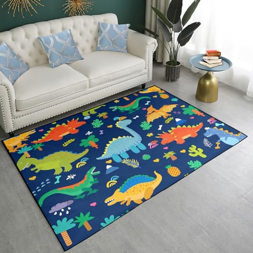 Kossmjx Cartoon Dinosaur Area Rugs Lovely Dinosaur Carpet Rugs for Boys Kids Blue Cute Animal Patterns Carpet Dinosaurs Rug for Boys Bedroom Living Dinning Room Bedroom Kitchen Playing Room, 2'×3' - Image 2