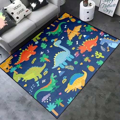 Kossmjx Cartoon Dinosaur Area Rugs Lovely Dinosaur Carpet Rugs for Boys Kids Blue Cute Animal Patterns Carpet Dinosaurs Rug for Boys Bedroom Living Dinning Room Bedroom Kitchen Playing Room, 2'×3' - Image 3