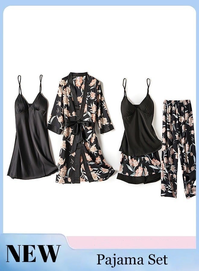 5-Pack Women's Pajama Sets Sling with Chest Pad Nightdress Sweet Sleepwear Home Wearing Clothes Suits Ladies Floral Printing Nightwear Lingerie Robe Underwear Shorts Summer Spring Black  - Image 1