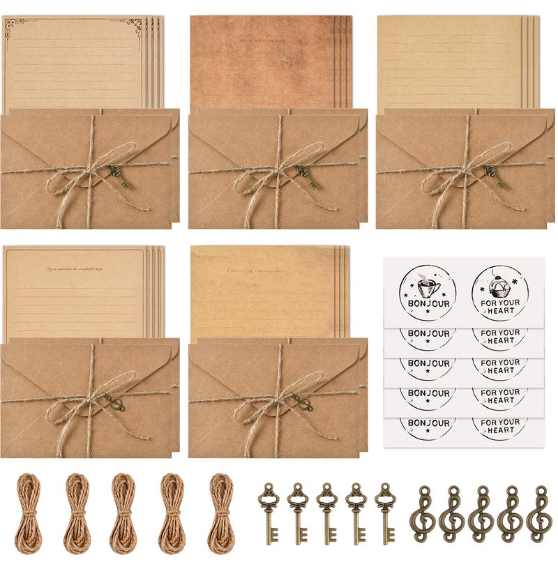 OFNMY Vintage Stationary Paper and Envelopes Set,Writing Stationery Paper Letter and Envelopes Includes 20 Sheets of Vintage Letter Papers,10 Envelopes,10 Hemp Ropes,10 Retro Keys - Image 1