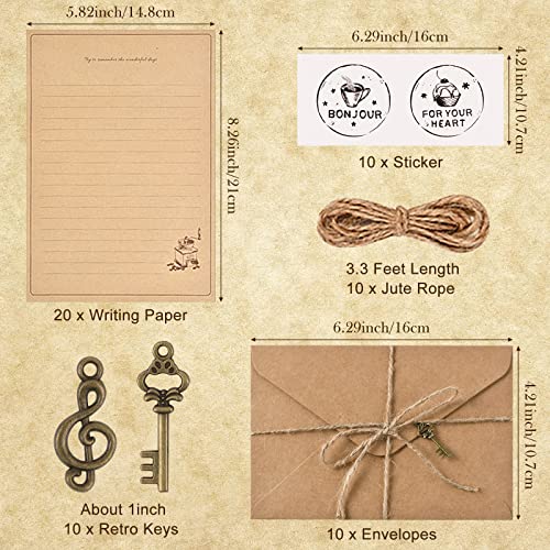 OFNMY Vintage Stationary Paper and Envelopes Set,Writing Stationery Paper Letter and Envelopes Includes 20 Sheets of Vintage Letter Papers,10 Envelopes,10 Hemp Ropes,10 Retro Keys - Image 5