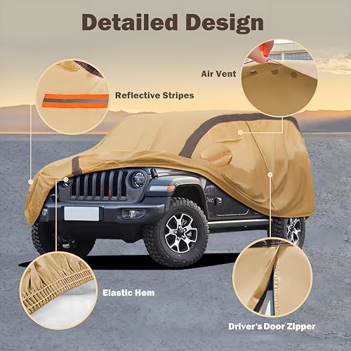 FSGRICH Car Cover Waterproof All Weather Compatible with Jeep Grand Cherokee, Outdoor Anti-UV Sun Rain Protection Full Exterior Cover (Camel with Brown) - Image 2