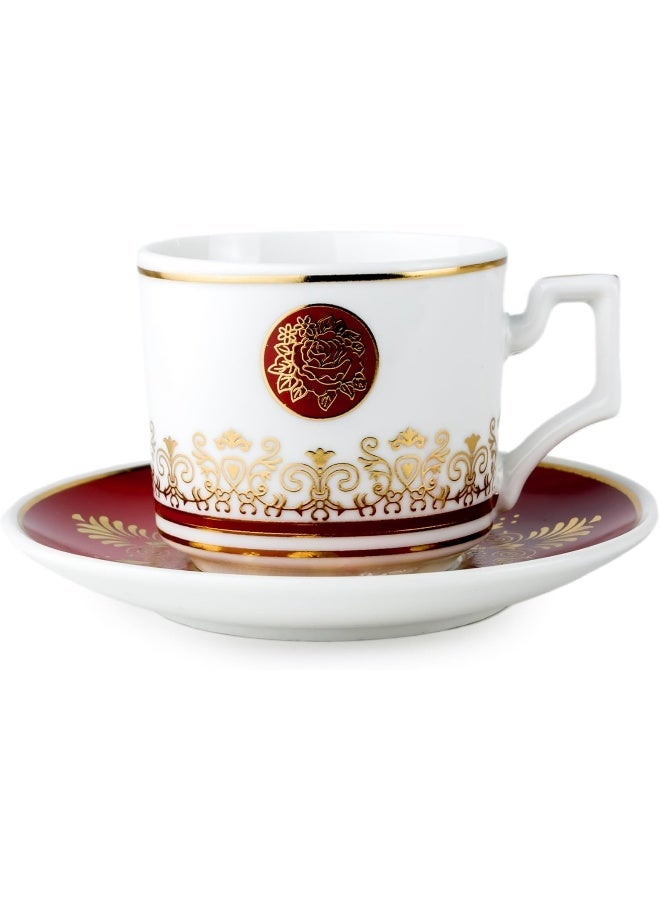Shallow Porcelain Ceramic 6-Piece 180Cc Tea Cup Set In White And Red - Elegant Porcelain Cups For Tea Lovers - Image 1