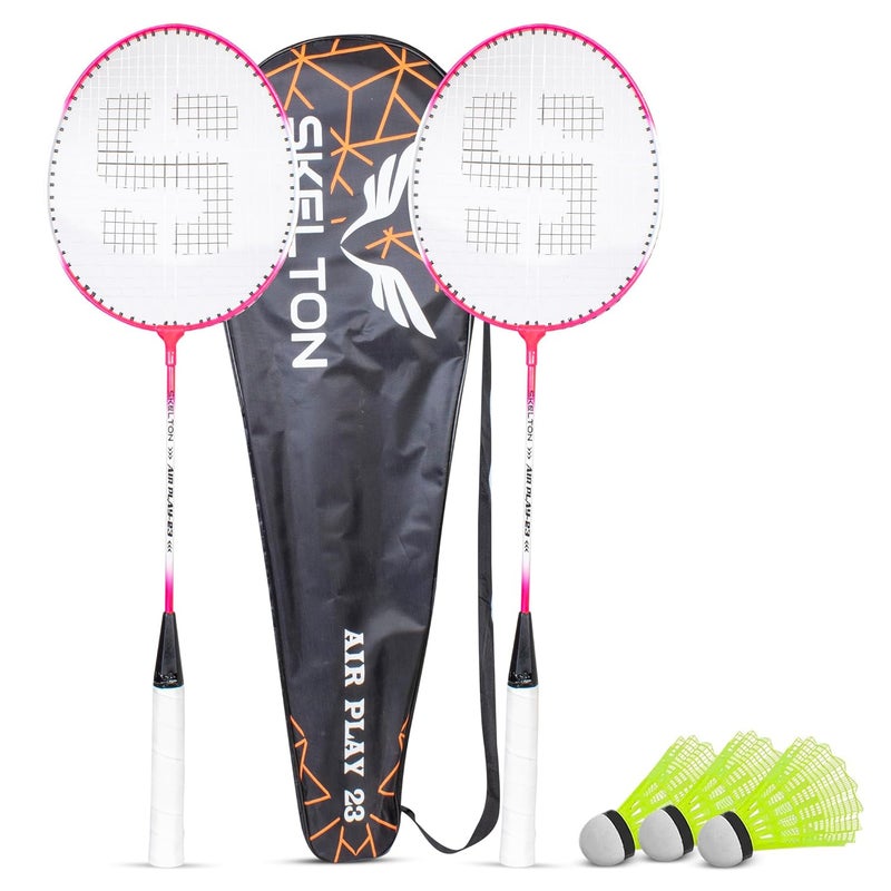 SKELETON Aluminum Badminton Light Weight Racquet,Shuttle Pack of3 | (White - Pink) - Image 1