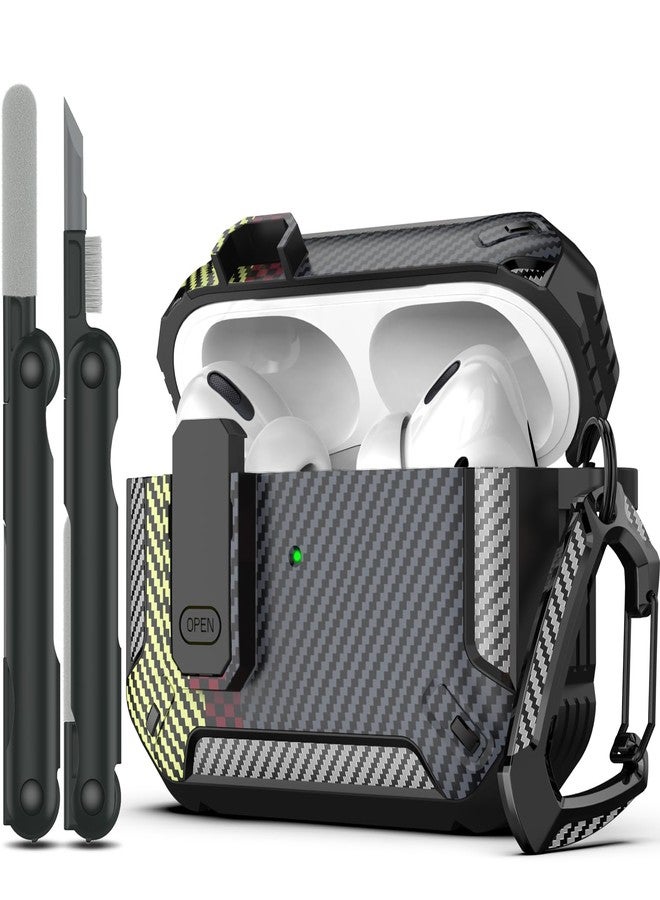 RFUNGUANGO for AirPods Pro Case Cover with Cleaner Kit, Military Hard Shell Protective Armor with Lock for AirPod Pro Charging Case, Front LED Visible, Carbon Fiber Ash - Image 1