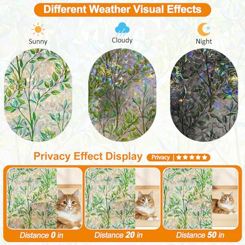 Countewol Window Privacy Film Stain Glass Window Film Rainbow Window Film Window clings Non-Adhesive Reusable Decorative for Room (Leaf Rainbow, 17.5 x 78.7 in) - Image 3