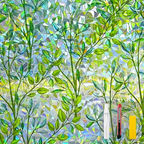 Countewol Window Privacy Film Stain Glass Window Film Rainbow Window Film Window clings Non-Adhesive Reusable Decorative for Room (Leaf Rainbow, 17.5 x 78.7 in) - Image 1