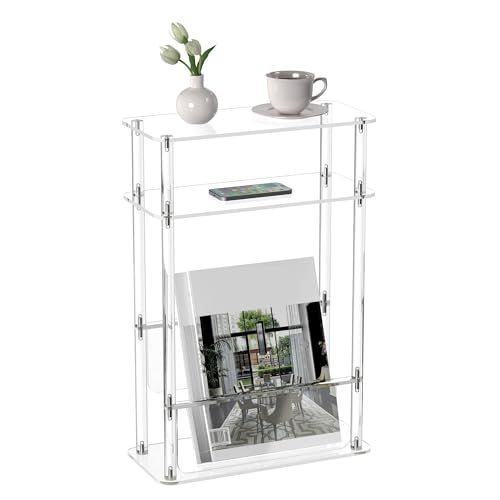 HMYHUM Acrylic Narrow End Table for Small Spaces with Magazine Holder Slim Side Small NightstandBedside Table for Living Room Bedroom 3 Tier 157 L x 7 W x 23 H Clear