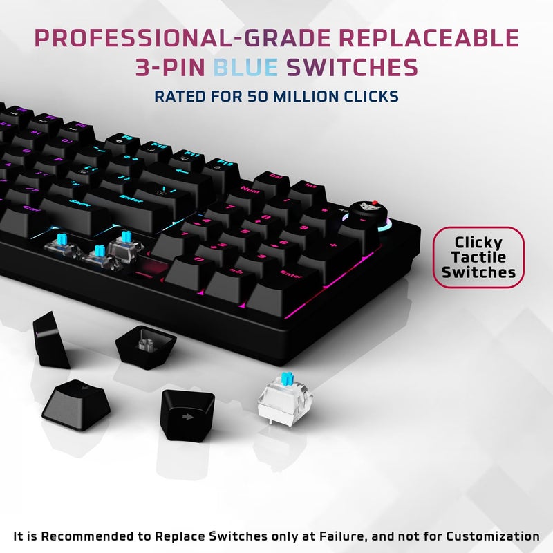 EvoFox Katana X2 FS Mechanical Gaming Keyboard | 3‑Pin Replaceable Clicky Blue Switches, Dynamic Backlighting, All Keys Anti‑Ghosting, Volume Knob, Copilot, Xbox Gamebar, Screenshot & More (Black) - Image 2