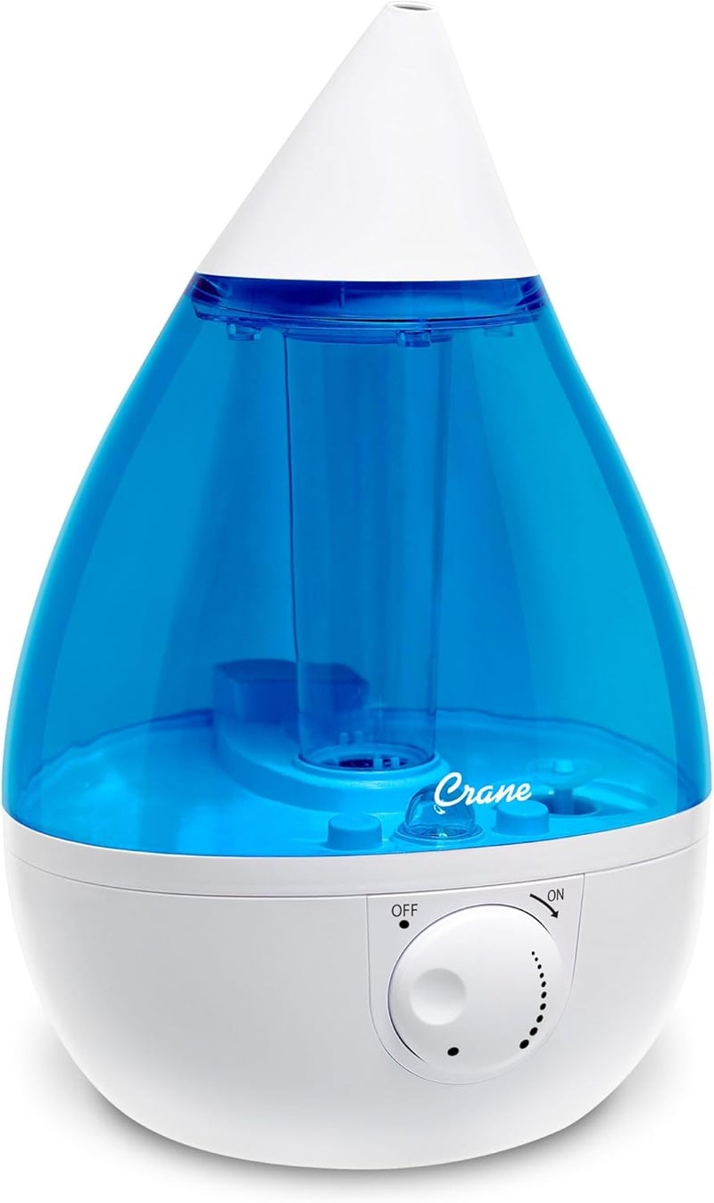 Crane Ultrasonic Cool Mist Teardrop Humidifier for Baby Nursery, Bedroom, Office, Large Room, Adjustable Humidity, Auto Shut-Off, Easy Clean Blue & White 1 Gallon - Image 1