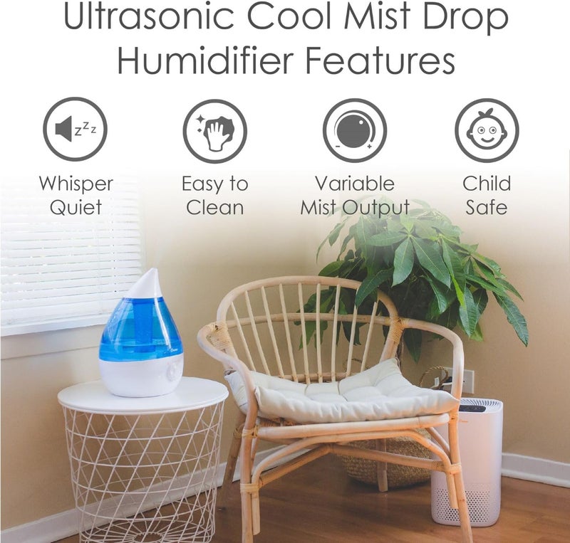 Crane Ultrasonic Cool Mist Teardrop Humidifier for Baby Nursery, Bedroom, Office, Large Room, Adjustable Humidity, Auto Shut-Off, Easy Clean Blue & White 1 Gallon - Image 2