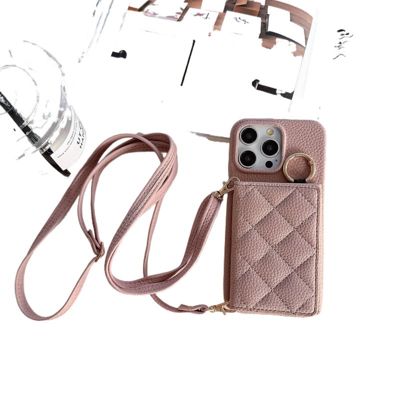 غطاء واقي، مقاوم للصدمات لـ iPhone 14 / 14 Plus / 14 Pro / 14 Pro Max، وردي ملمس جلد، حامل بطاقات باللون الوردي - Image 1