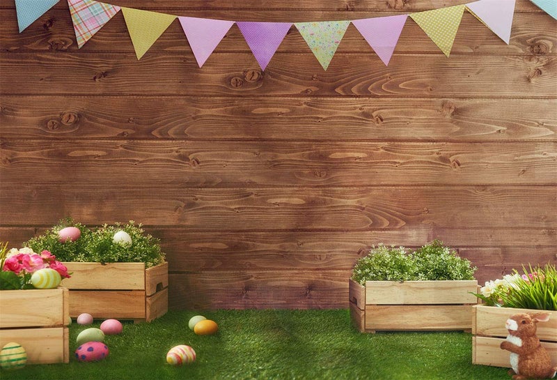 HMTFOTO Easter Backdrops for Photography Fabric Backdrop Rustic Grass Ground Colorful Flag Backdrops for ChildrenStudioParty Brown Wood Wall Photo Studio Shooting 7x5ft