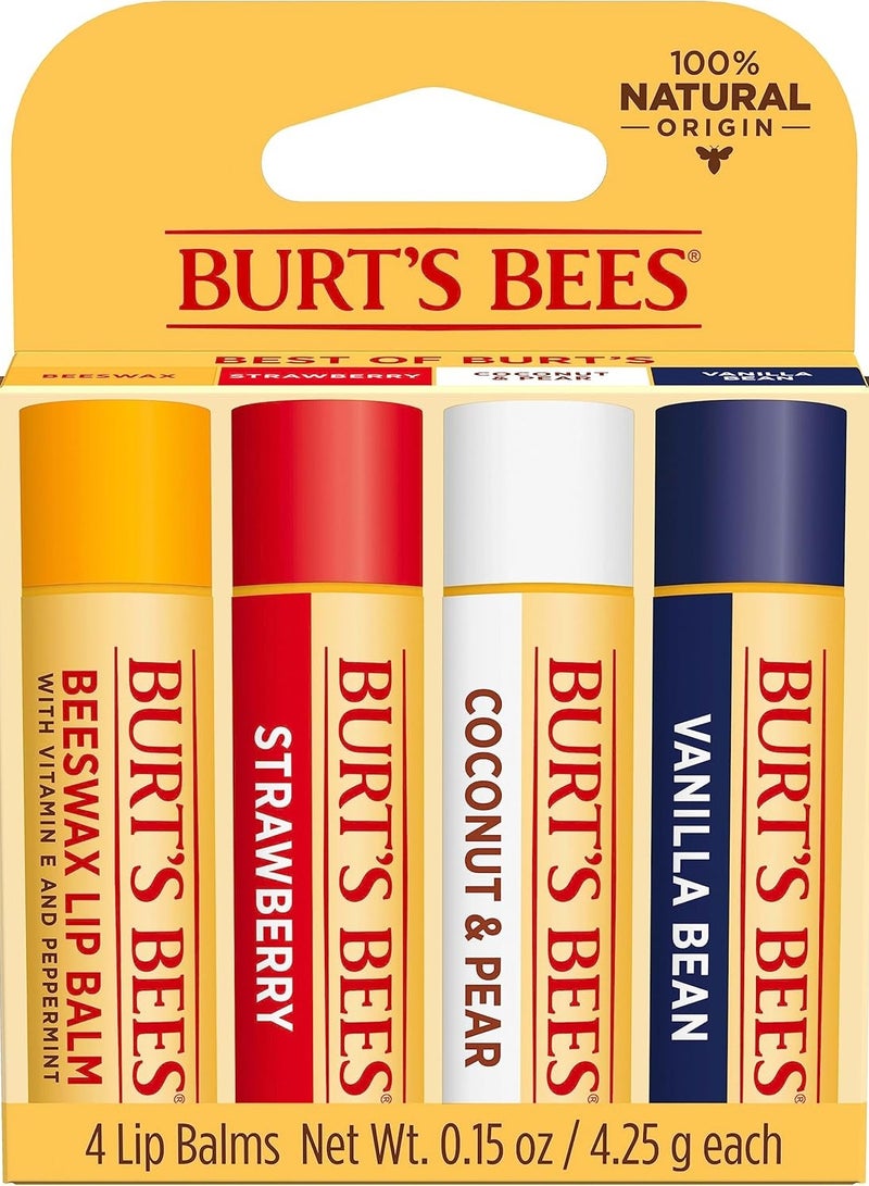 100% Natural Origin Lip Balm, Beeswax, Strawberry, Coconut & Pear, Vanilla Bean, (4 Lip Balm each 0.15 oz)