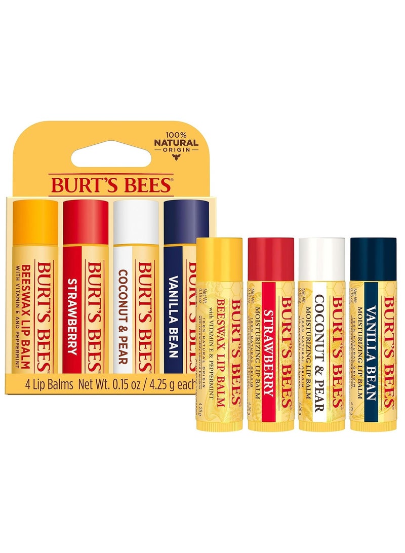 100% Natural Origin Lip Balm, Beeswax, Strawberry, Coconut & Pear, Vanilla Bean, (4 Lip Balm each 0.15 oz)