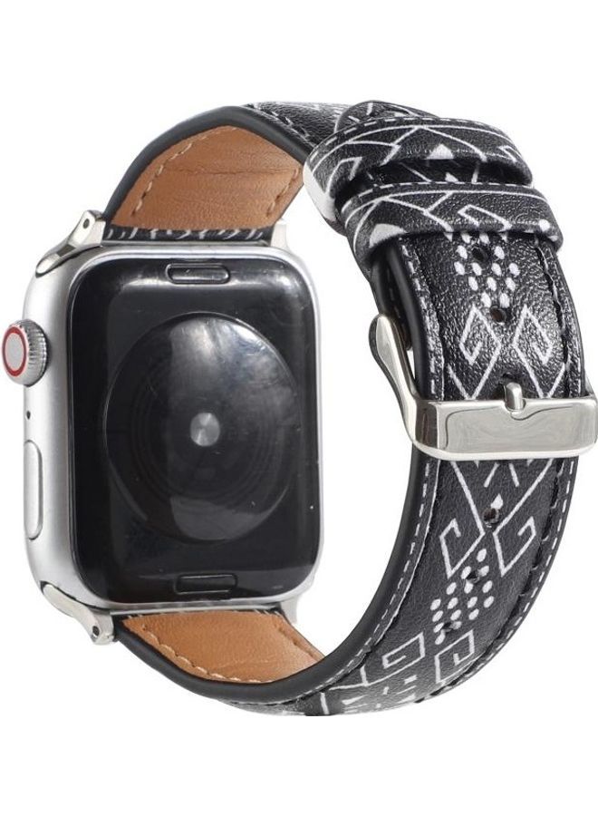 NIBEMINENT Marble Ethnic Style Printed Leather Watchband For Apple Watch Series 7/6/5/4/3/2/1/SE 41/40/38 Black Rhombus - Image 2