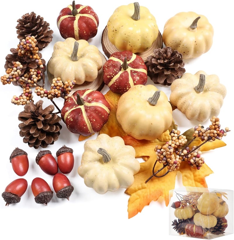 Ghrdopy 23Pcs Fake Pumpkins Fall Thanksgiving Decorations,Plastic Pumpkins with Acorns,Maple Leaves,Pine cones,Berries, Artificial Mini Pumpkin Decorating Harvest Home Decor Centerpiece Table Decorations - Image 1