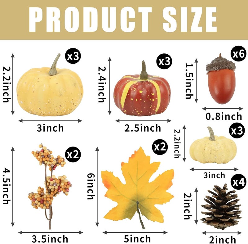 Ghrdopy 23Pcs Fake Pumpkins Fall Thanksgiving Decorations,Plastic Pumpkins with Acorns,Maple Leaves,Pine cones,Berries, Artificial Mini Pumpkin Decorating Harvest Home Decor Centerpiece Table Decorations - Image 2