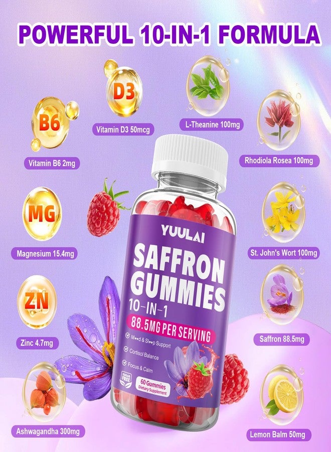 YUULAI Pack of 2 Saffron Gummies, 10-in-1 Saffron Supplements for Kids & Adults with 88.5mg Saffron Extract, for Emotions, Zzz, Sugar Free, Raspberry Flavor, 120 Count - Image 2