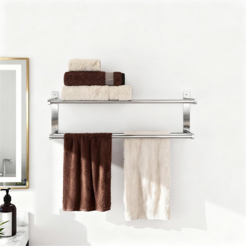 Taaji Towel Racks for Bathroom 24 inch, 2 Tier Bathroom Shelf with Double Towel Bar, Stainless Steel Wall Mounted Towel Rack with Shelf for Bathroom Towels Storage, Brushed Nickel - Image 2