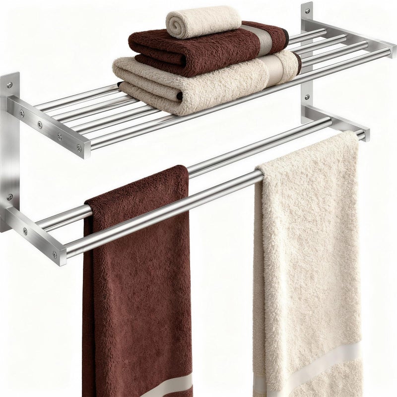 Taaji Towel Racks for Bathroom 24 inch, 2 Tier Bathroom Shelf with Double Towel Bar, Stainless Steel Wall Mounted Towel Rack with Shelf for Bathroom Towels Storage, Brushed Nickel - Image 1