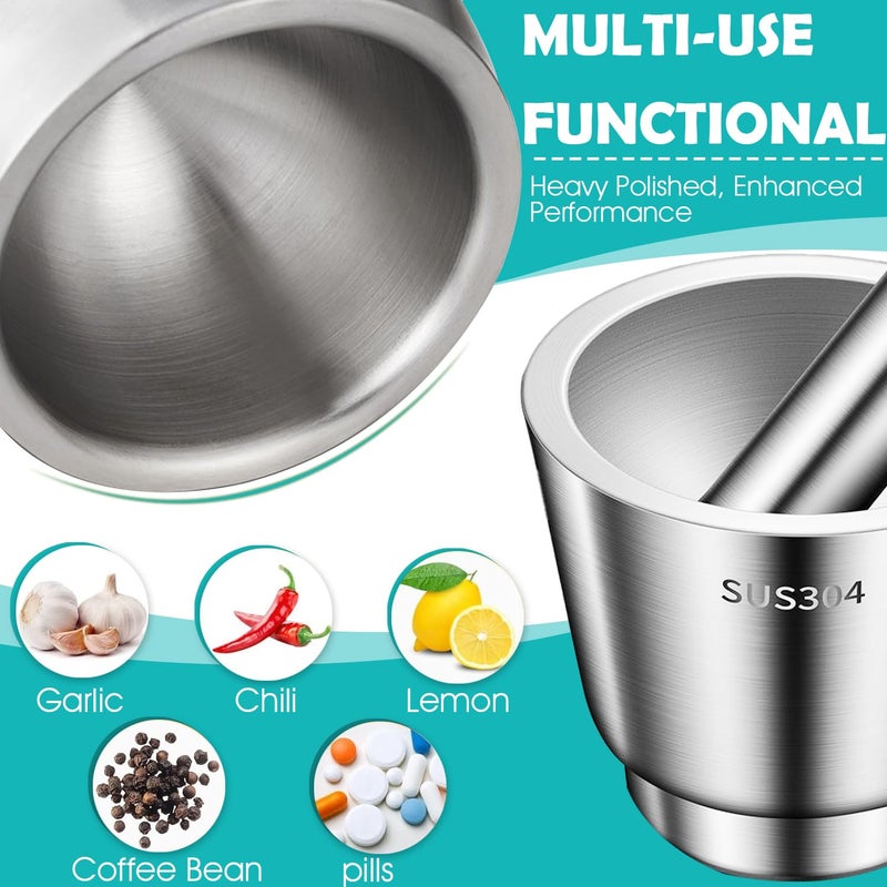 Chemlliy Stainless Steel Mortar and Pestle, Large Capacity 5 Inch Polished Pill Crusher with Lid, Heavy Duty Spice Grinder, Non-Slip Base Grinding Herb Spice Bowl - Image 3