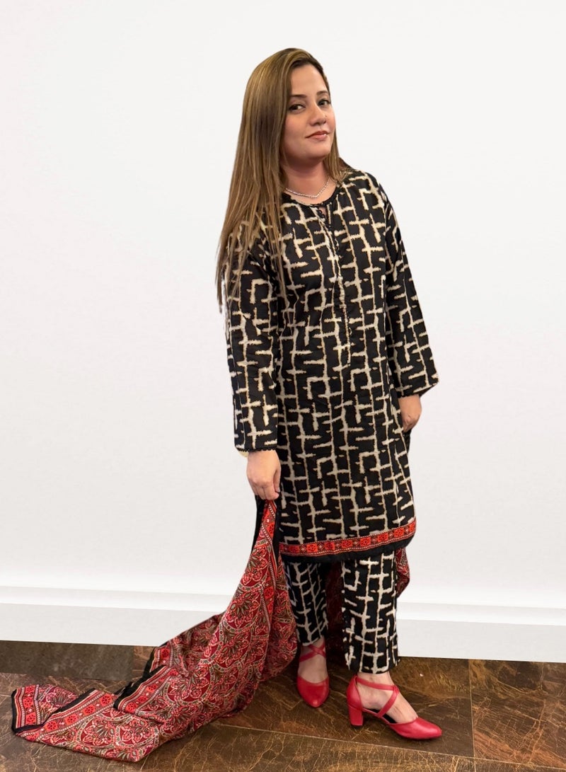 Winchell's Black & Beige Abstract Print 3-Piece Suit with Red Ajrak-Style Dupatta- Medium - Image 1