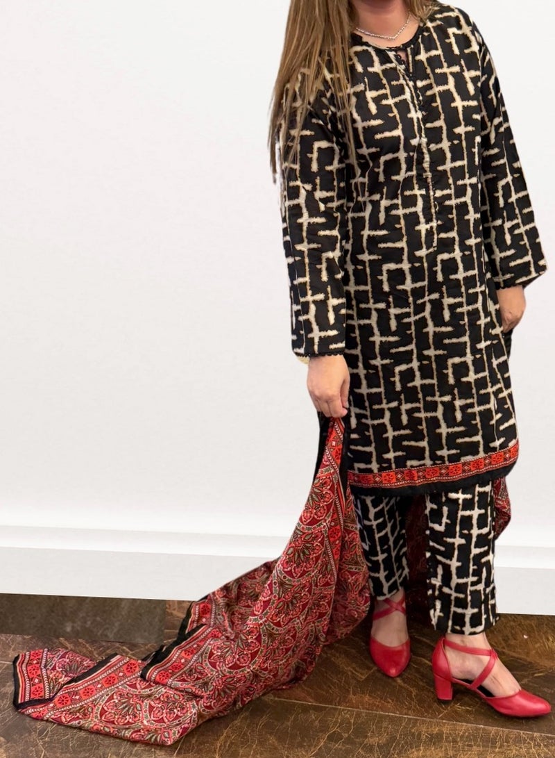 Winchell's Black & Beige Abstract Print 3-Piece Suit with Red Ajrak-Style Dupatta- Medium - Image 2
