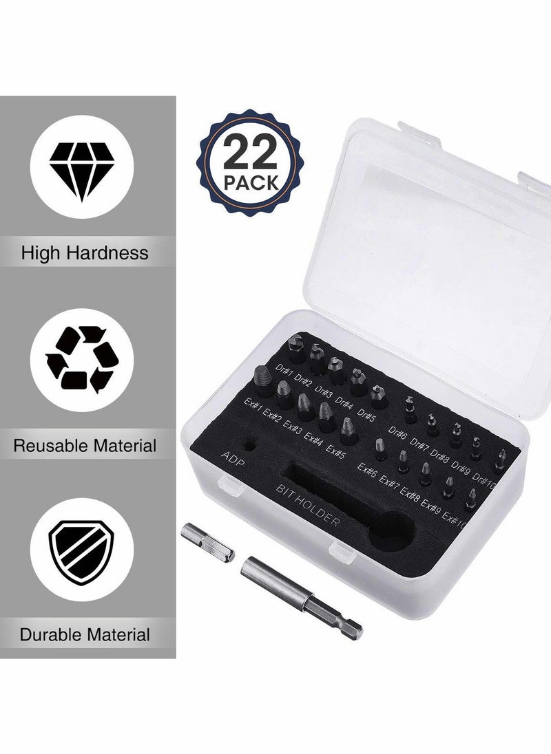 Y&D - Damaged Screw Extractor, 22 Pieces Kit of Broken & Bolt Stripped Remover, Multipurpose HSS Extractor with 1 Extension Bit Holder, Socket Adapter - Image 1