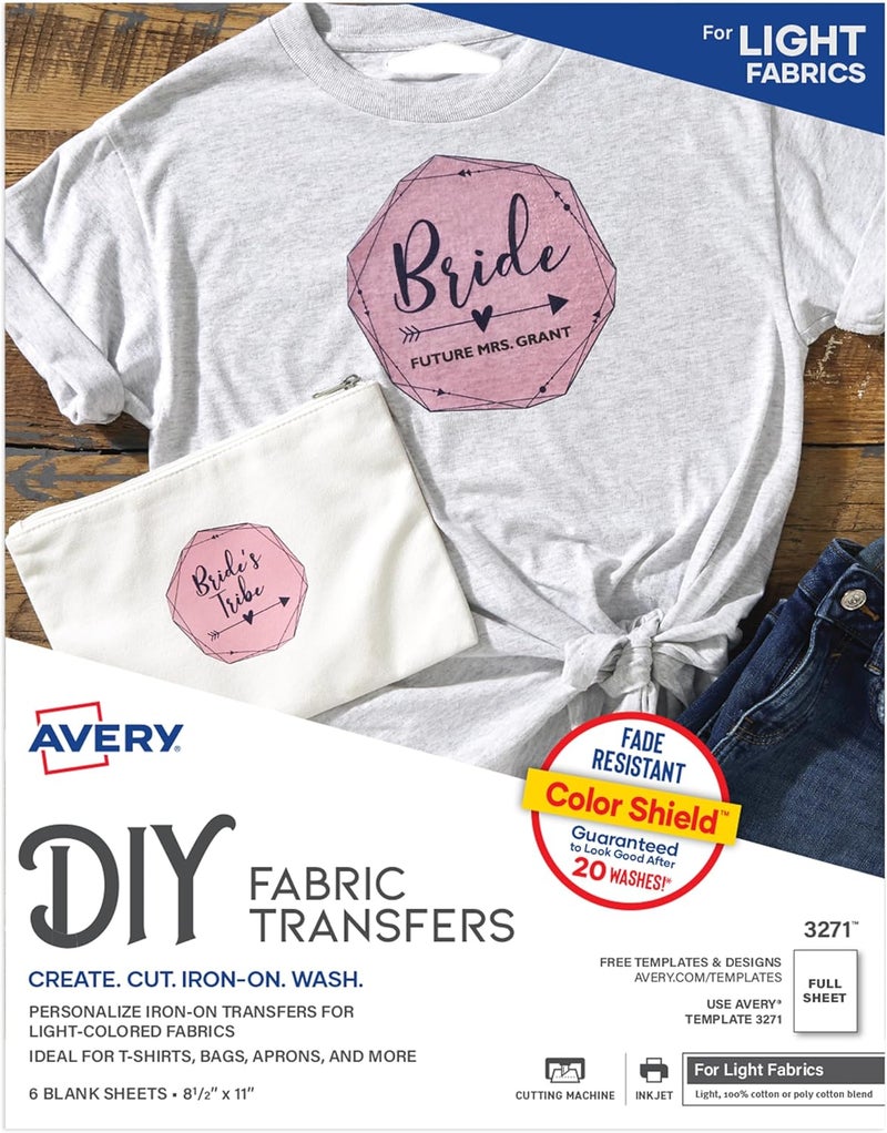 AVERY Printable Heat Transfer Paper for Light Fabrics, 8.5" x 11", Inkjet Printer Compatible, 6 Sheets of Iron On Transfer Paper, Great for Custom Shirts, Uniforms, Gifts, and More (3271) - Image 1