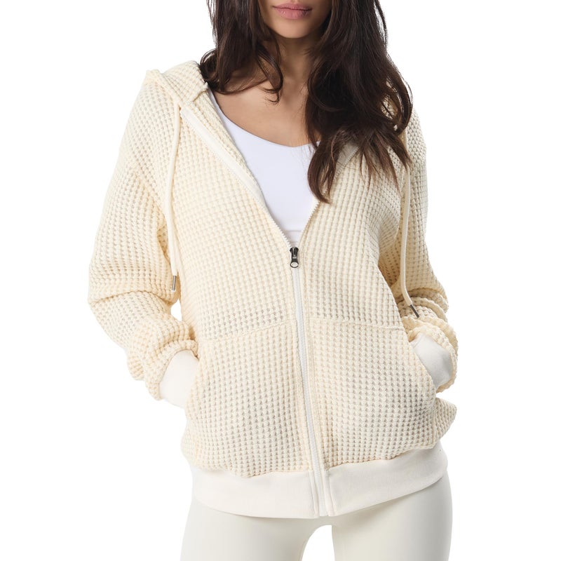 GIVON Womens Waffle Knit Zip Up Hoodie Sweater Comfort Lightweight Hooded Sweatshirt Jacket DCF303CREAMXL