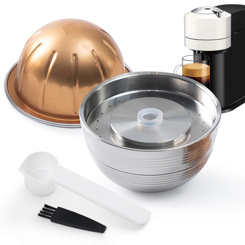 Stainless Steel Metal Coffee Capsule Compatible for VERTUO NEXT Machine Coffee Pods Nespresso Reusable Pods Holder 1 Metals Capsule 230ML Gold Plastic Capsule Shell 1 Spoon 1 Brush